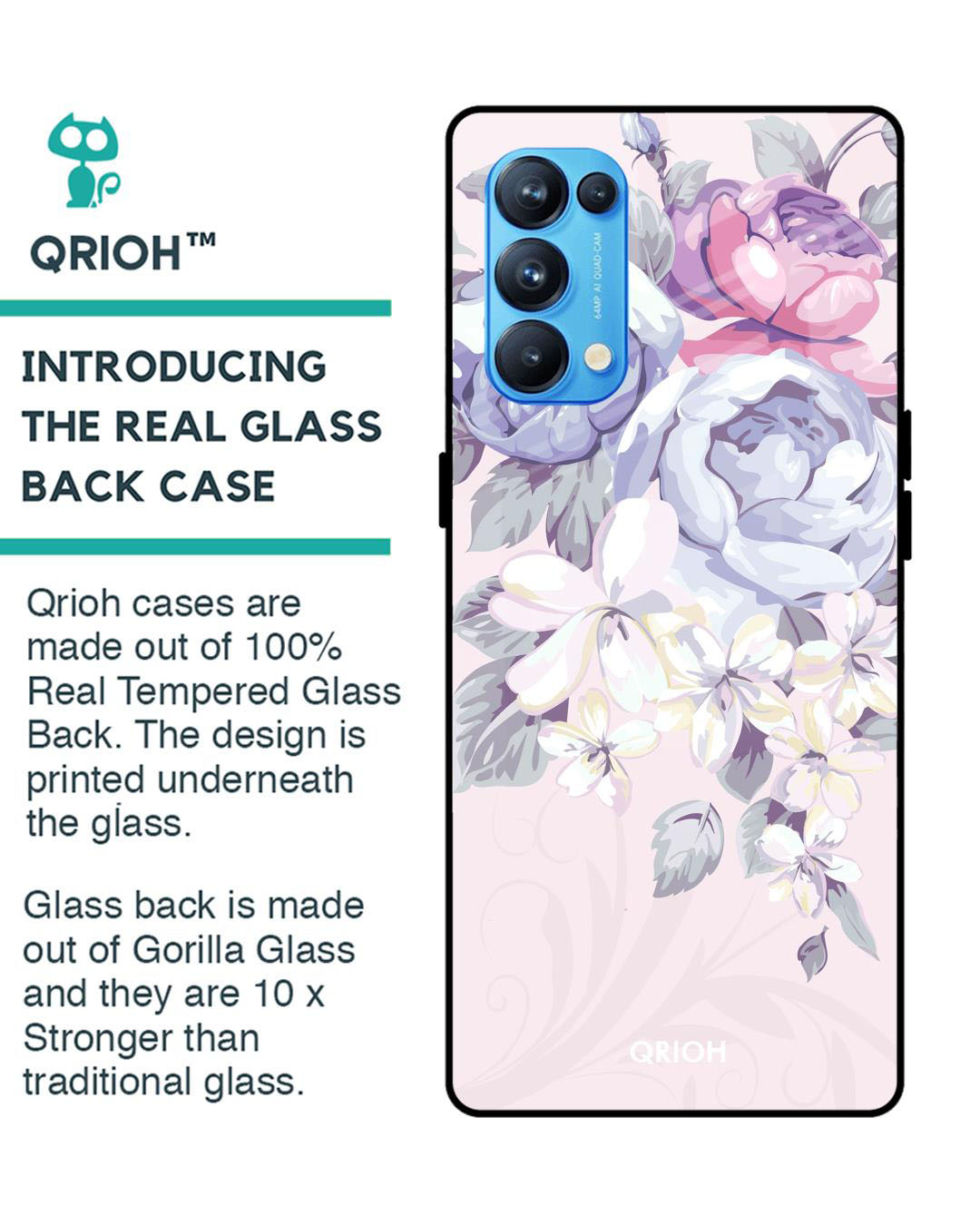 Shop Elegant Floral Printed Premium Glass Cover for Oppo Reno 5 Pro (Shock Proof, Lightweight)-Back