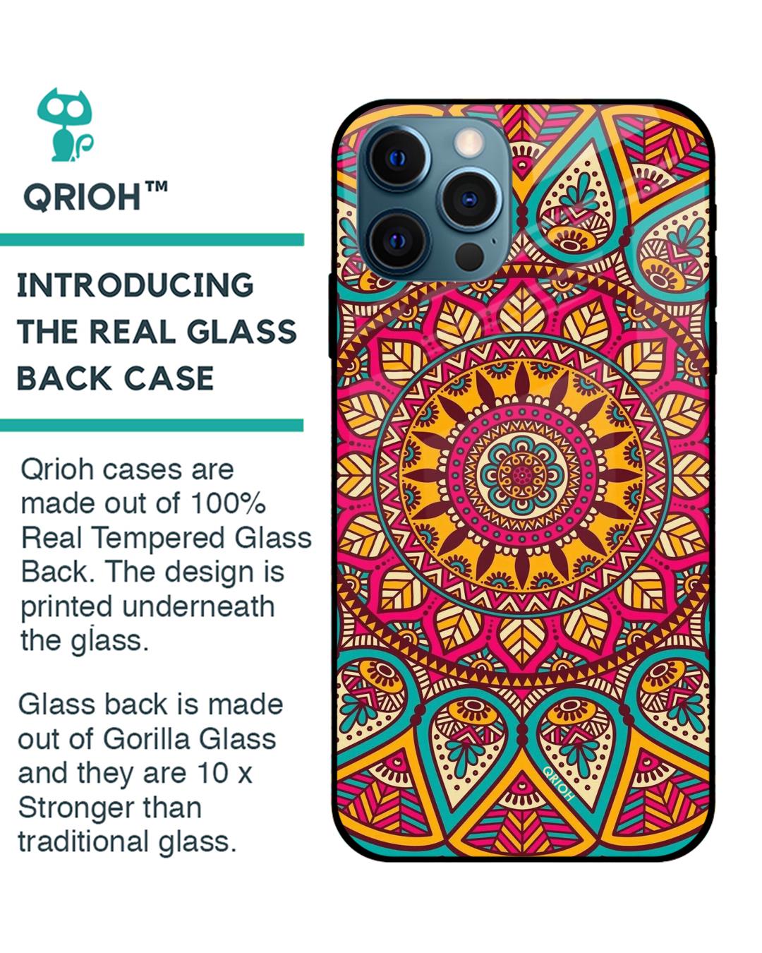 Shop Elegant Mandala Printed Premium Glass Cover For iPhone 12 Pro (Impact Resistant, Matte Finish)-Back