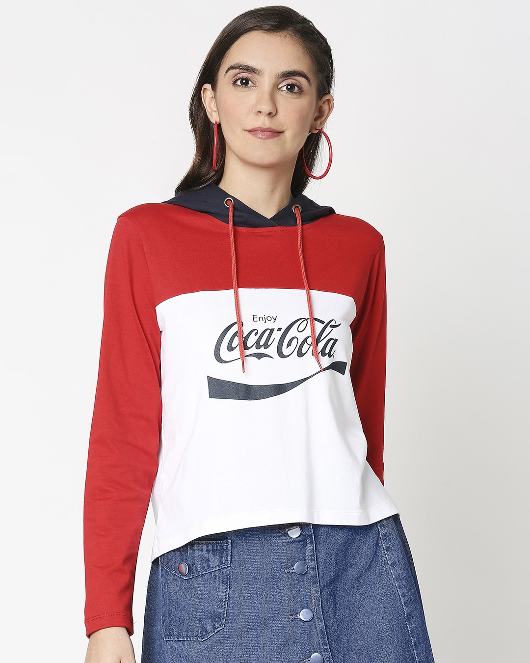 Shop Women's Red & White Enjoy Coca-Cola Color Block Hoodie Short Top-Back