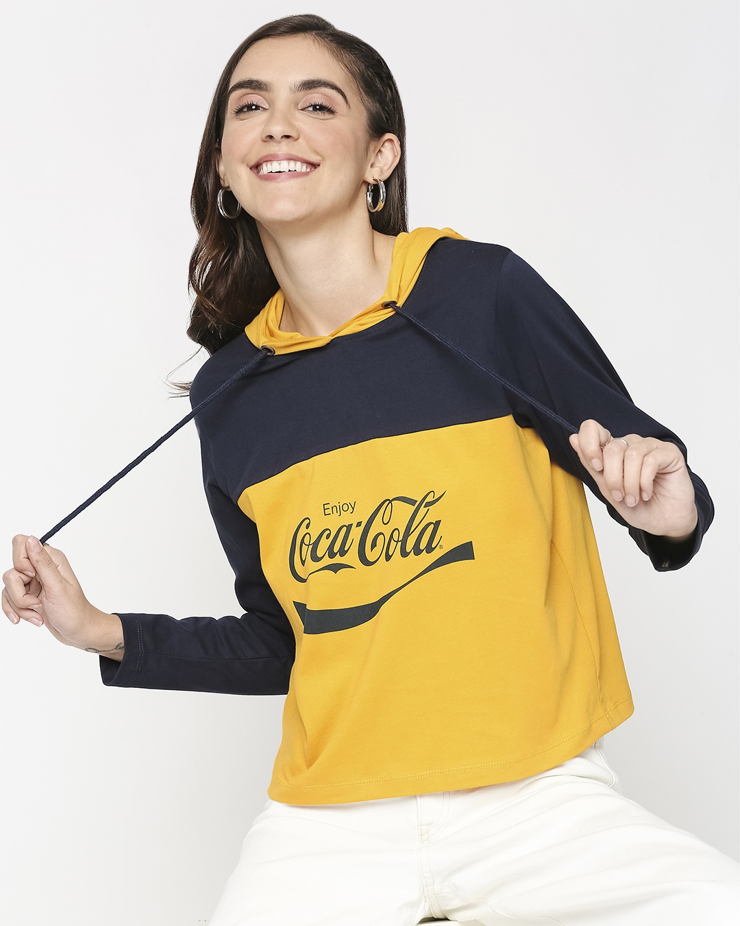 Buy Women s Blue Yellow Enjoy Coca Cola Color Block Hoodie Short Top Online at Bewakoof