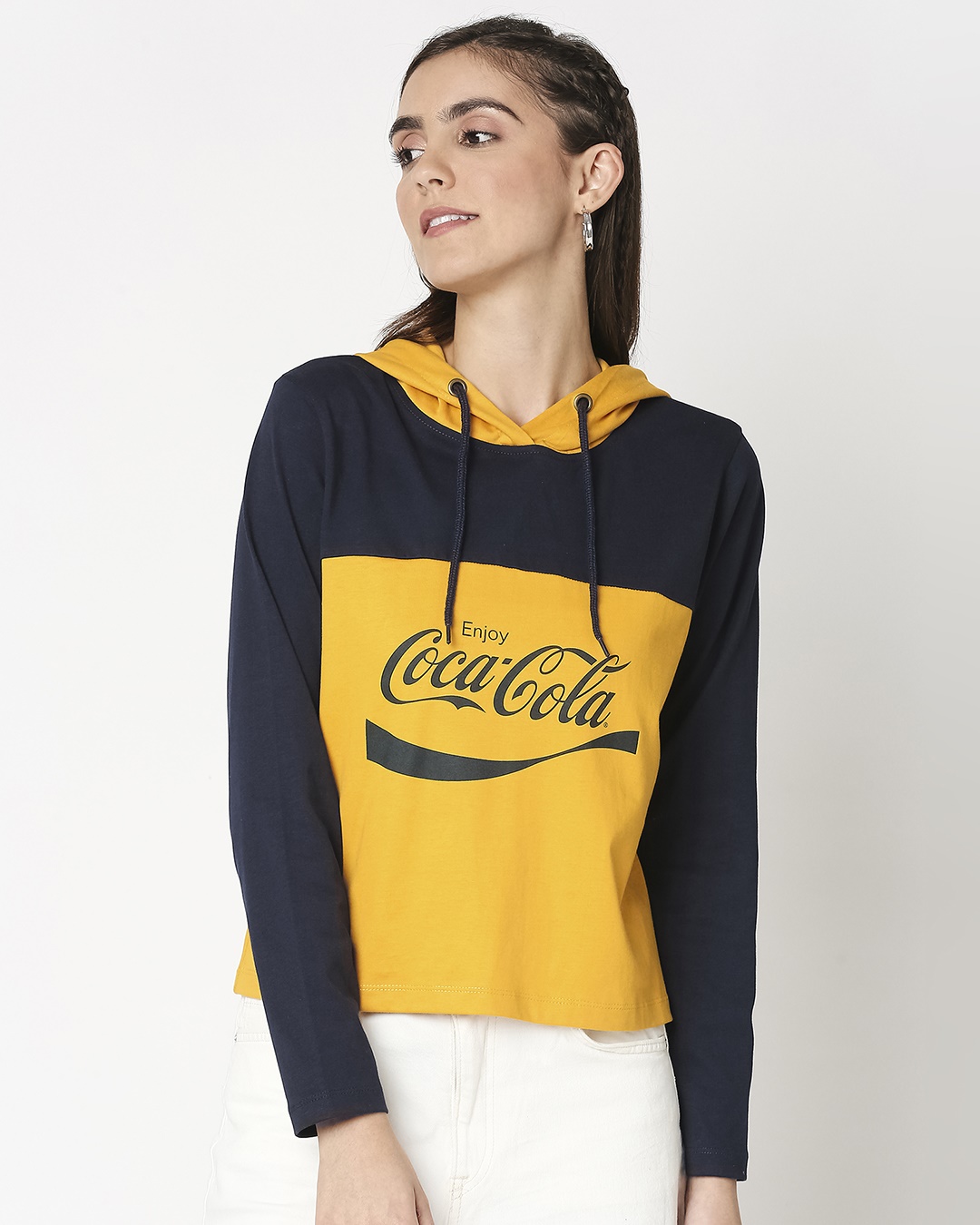 Shop Women's Blue & Yellow Enjoy Coca-Cola Color Block Hoodie Short Top-Back