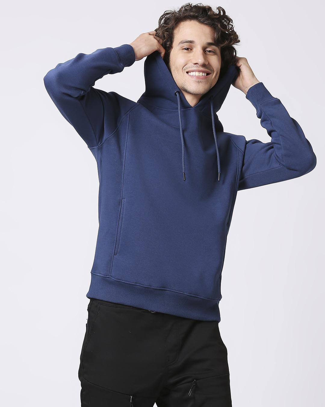 

Ensign Blue Stylised Panel Hoodie Sweatshirt Men' Plain Cut & Sew Sweatshirt Hoodie Bewakoof.com