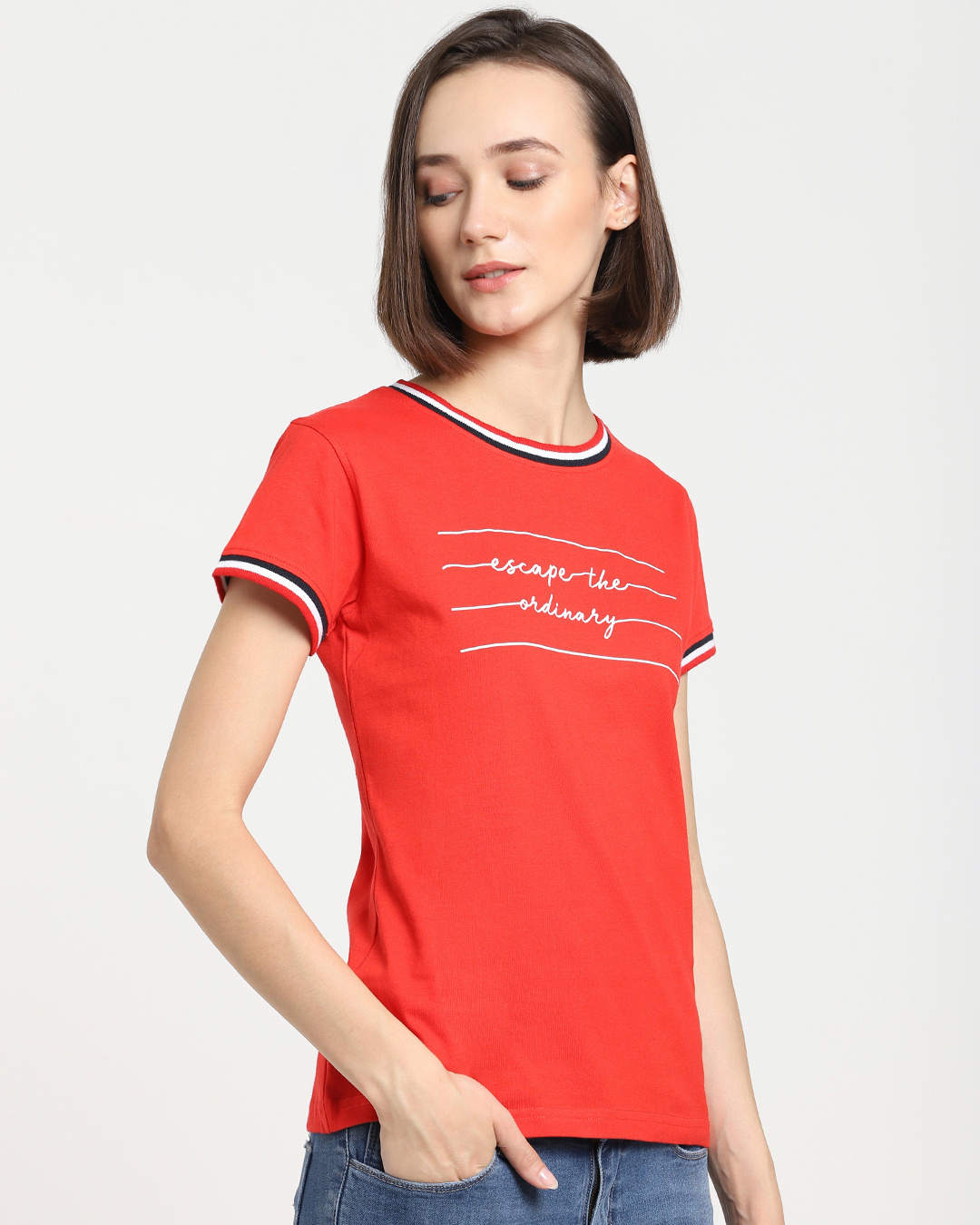 Shop Women's Red Not Ordinary Crewneck Typography Varsity Rib T-shirt-Back
