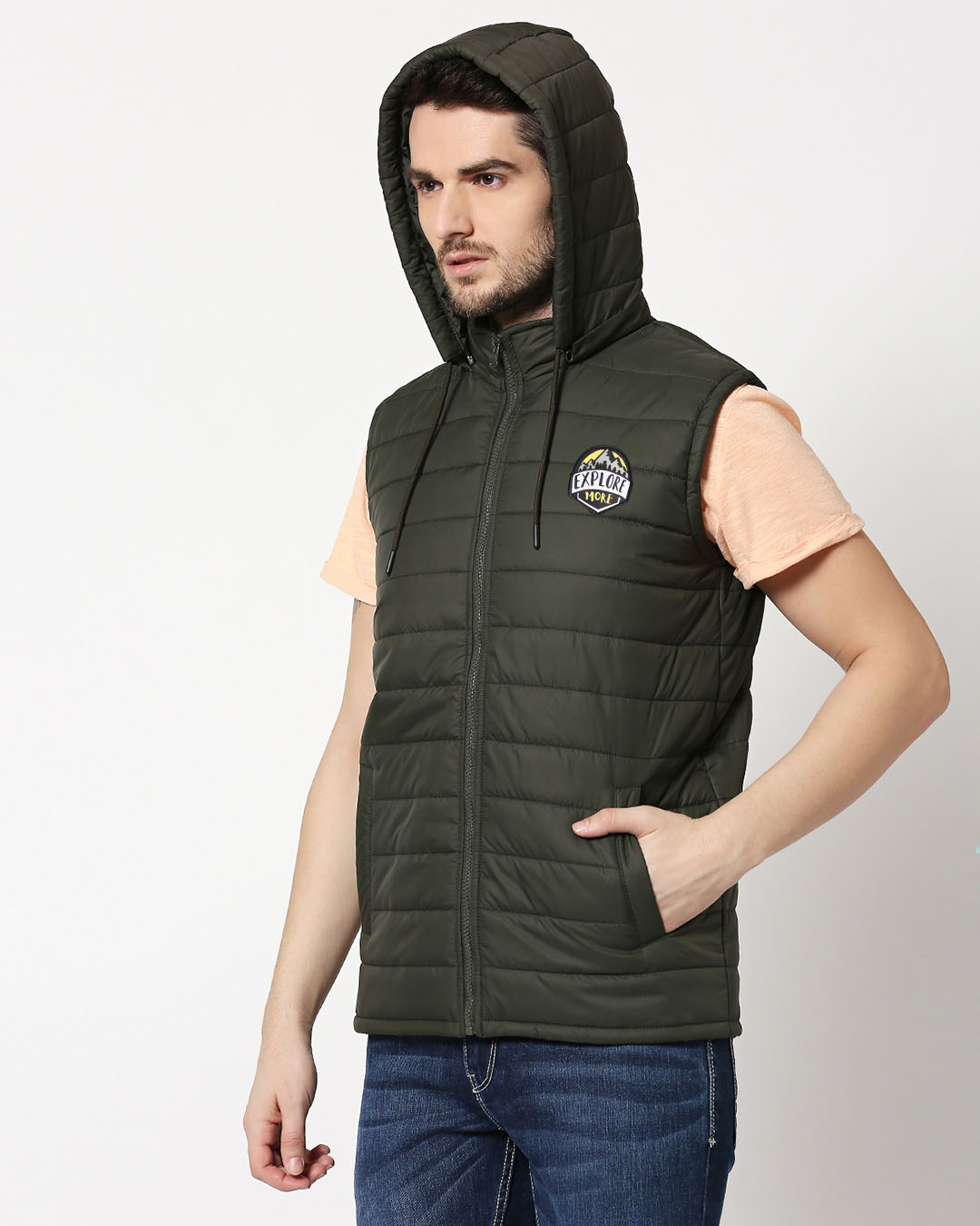 Shop Explore More Logo Sleeveless Puffer Jacket with Detachable Hood-Back