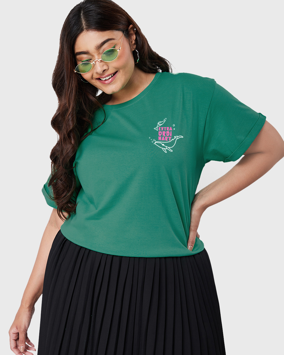 Shop Women's Green Extraordinary Woo Graphic Printed Plus Size Boyfriend T-shirt-Back