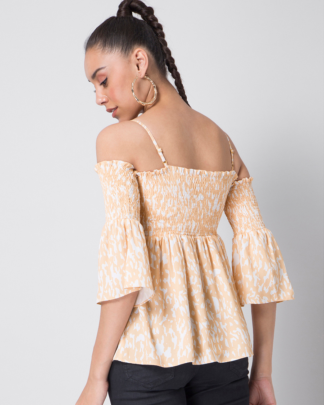 Shop Beige White Abstract Smocked Strappy Top-Back