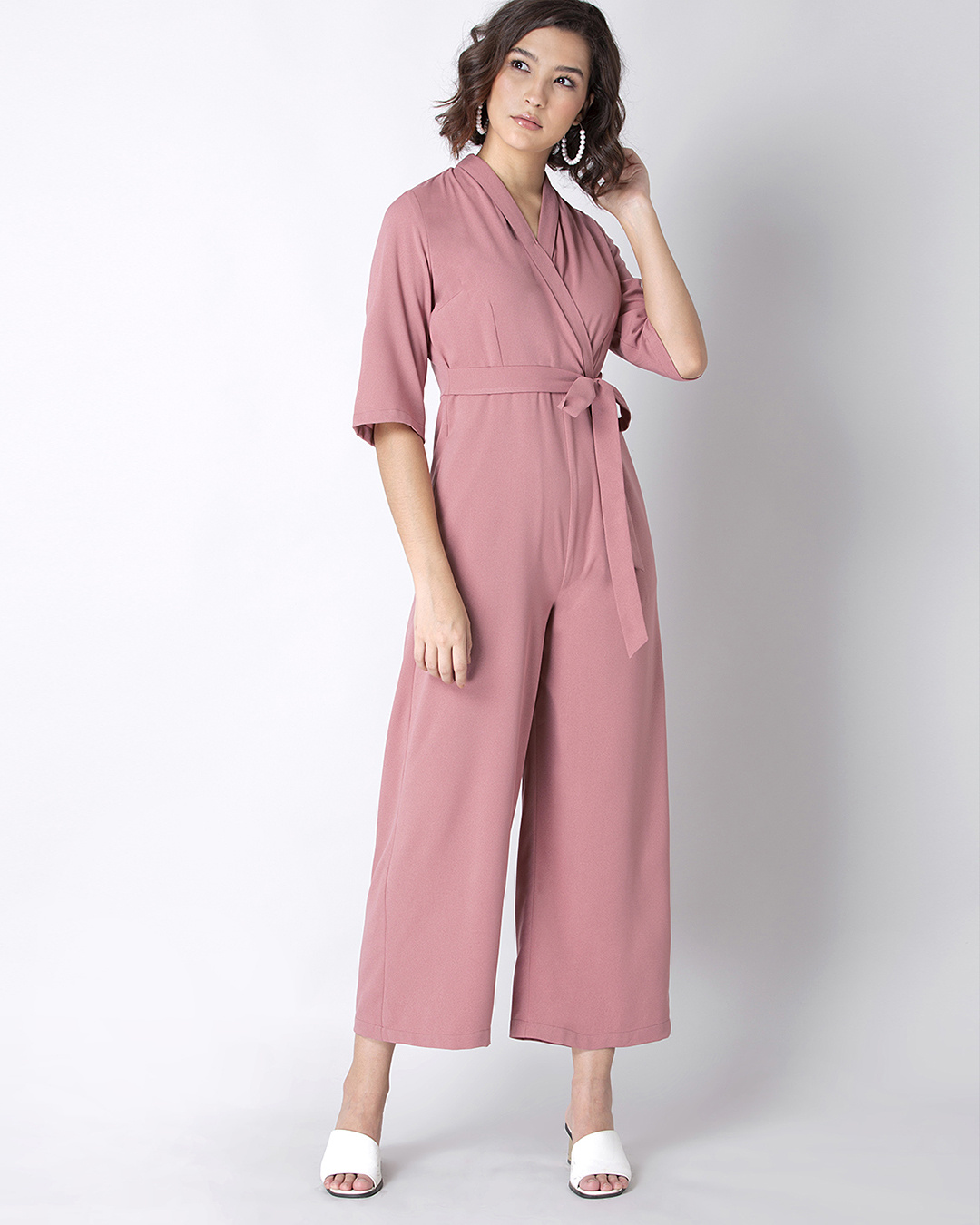Buy FabAlley Dusty Pink Collared Belted Jumpsuit Online at Bewakoof