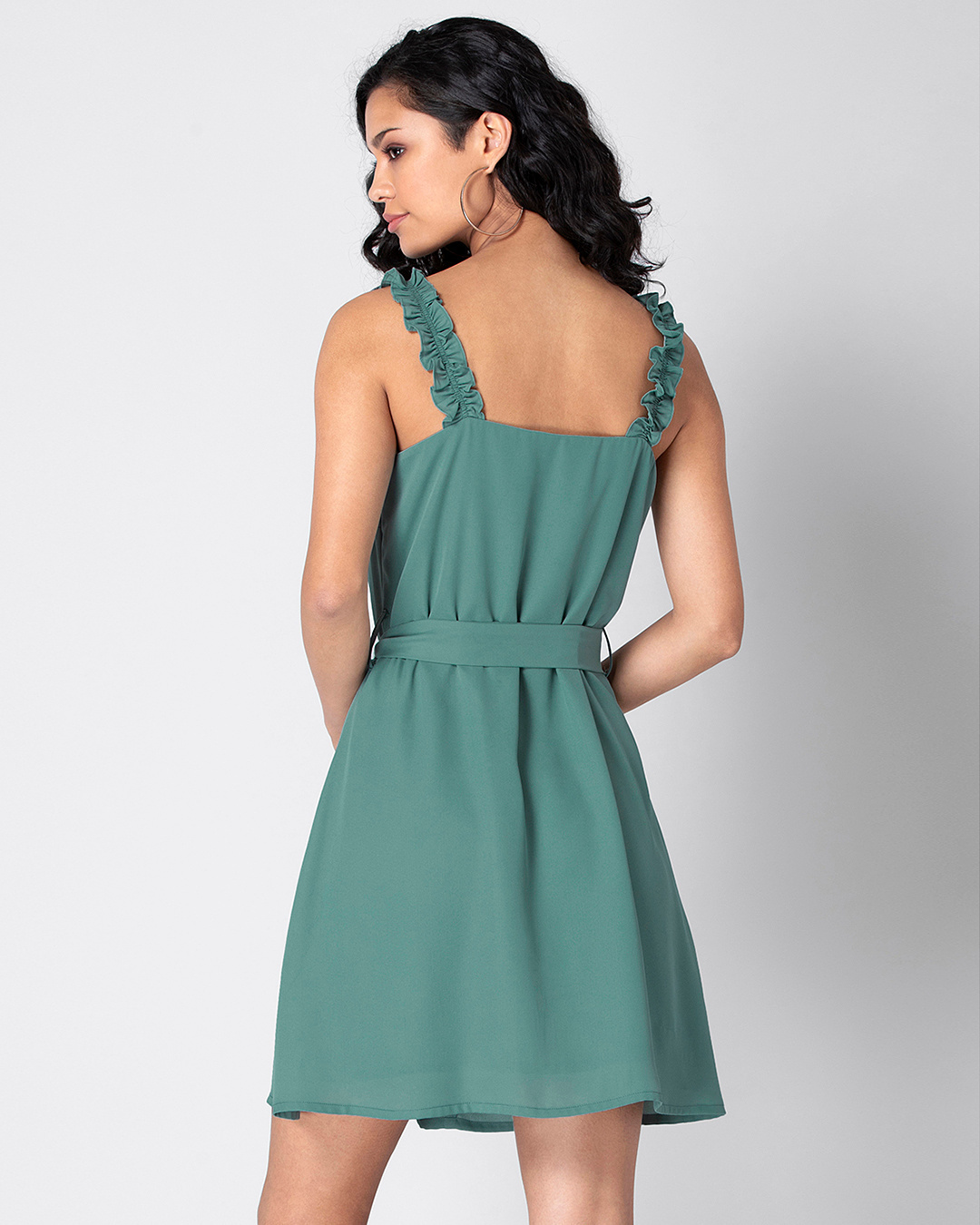 Shop Green Strappy Belted Ruffle Dress-Back
