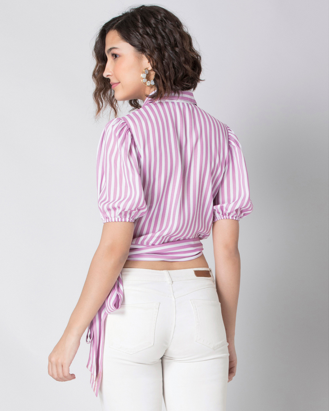 Shop Lilac Striped Puff Sleeve Collared Wrap Top-Back