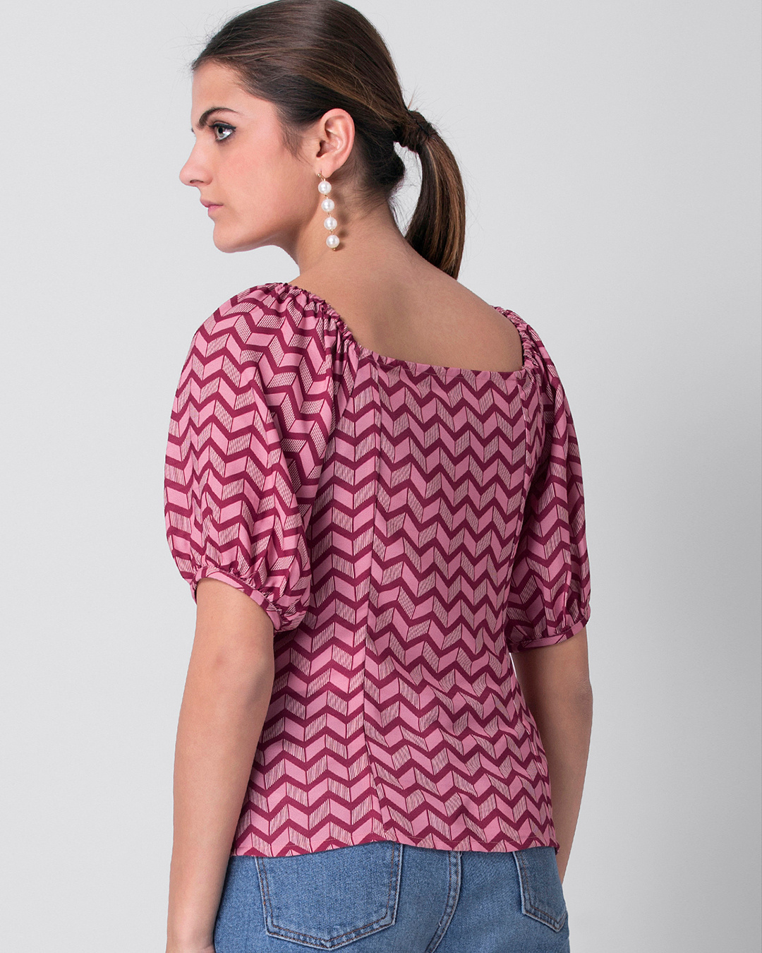 Shop Pink Chevron Puff Sleeve Top-Back