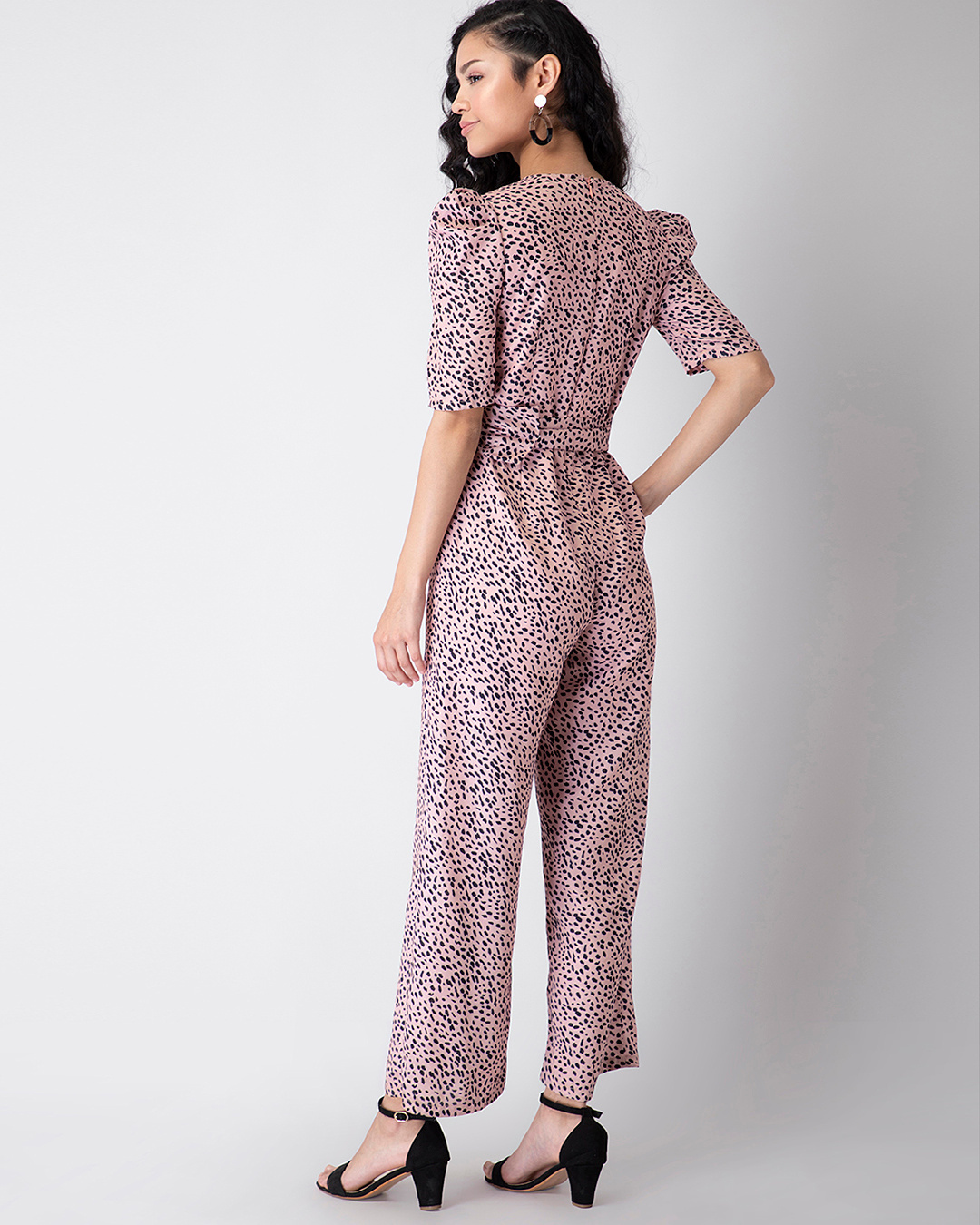 Shop Pink Leopard Print Puff Sleeve Belted Jumpsuit-Back