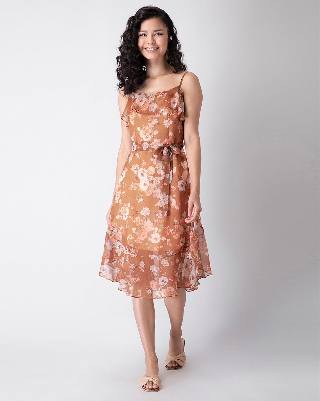 Buy FabAlley Rust Floral Strappy Ruffled Midi Dress for Women Brown ...