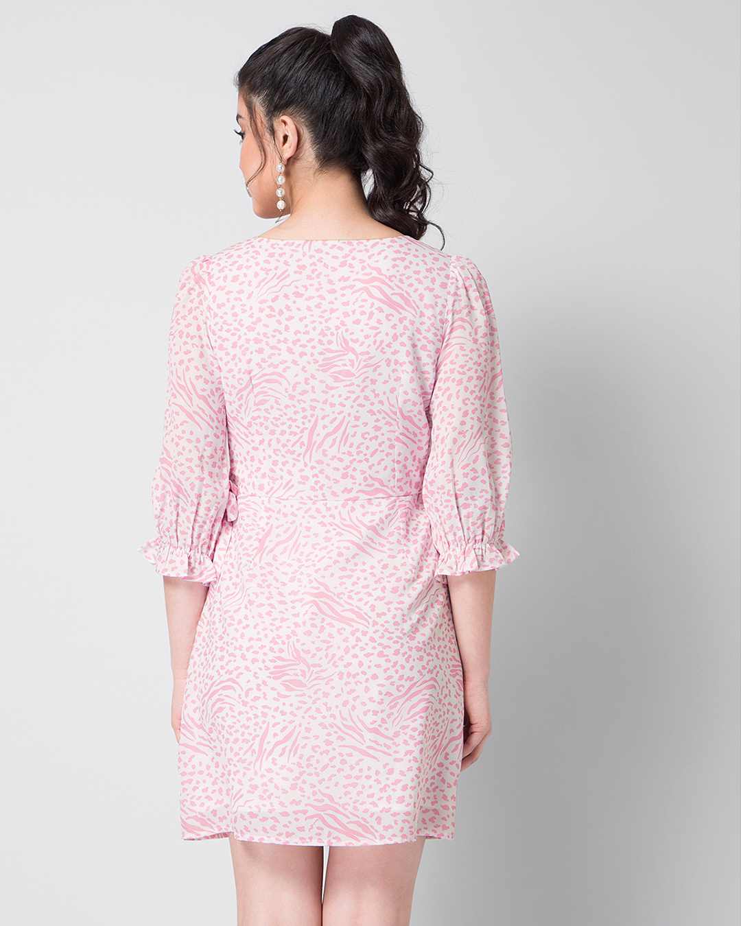 Shop White Pink Leopard Print Wrap Dress-Back