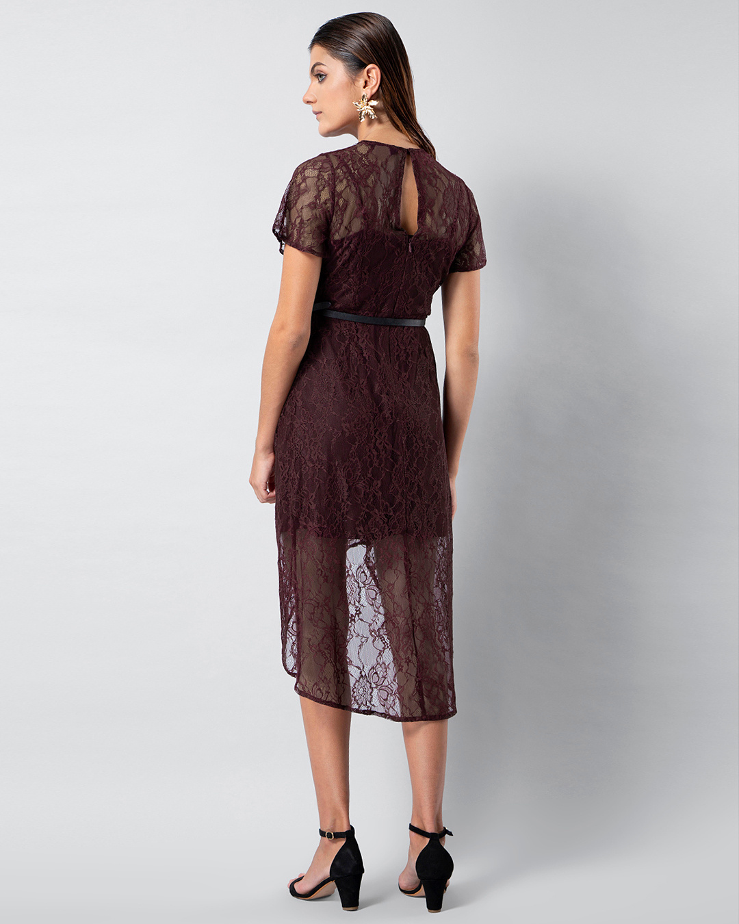 Shop Wine Lace Ruched Midi Dress With Leather Belt-Back