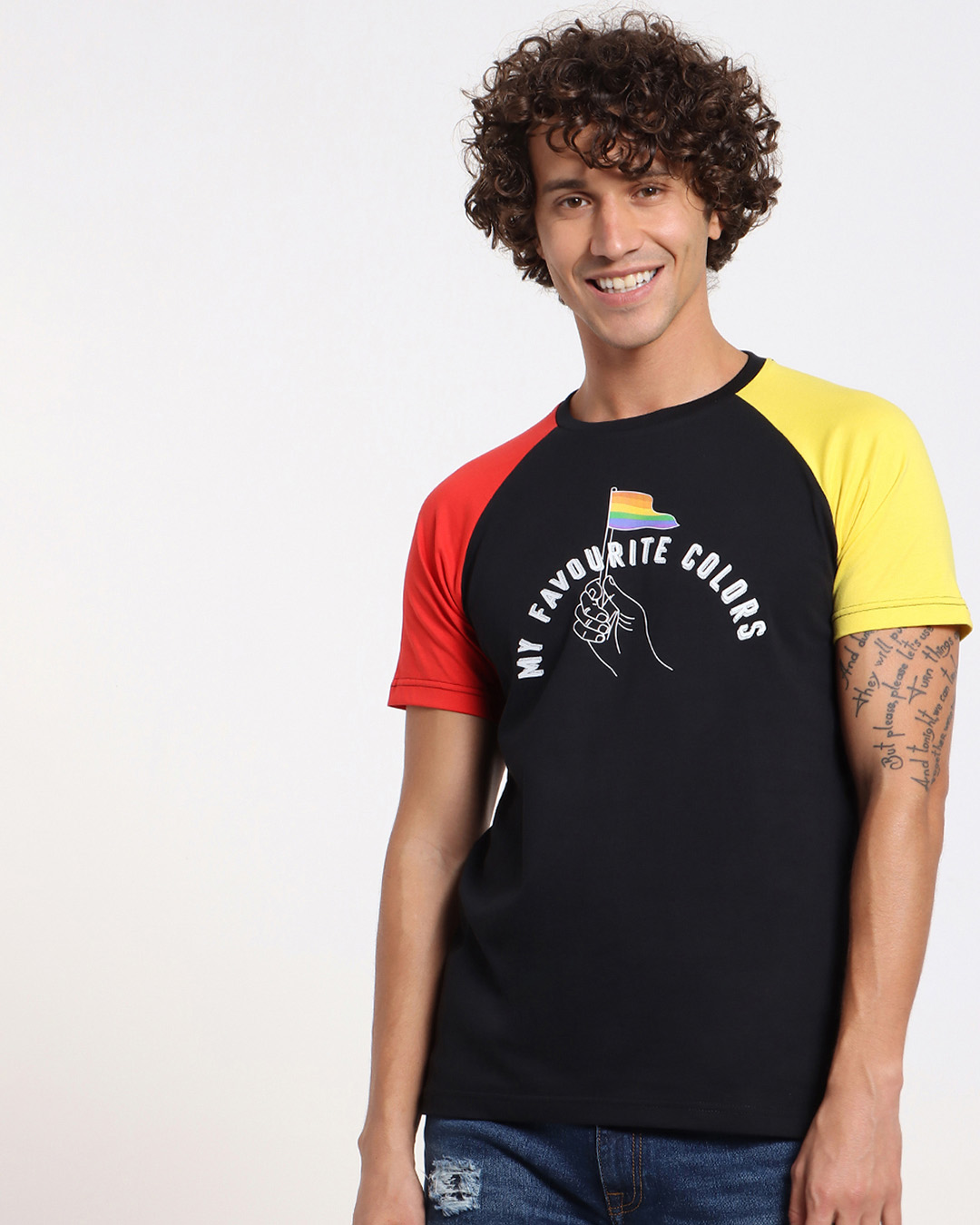 Shop Men's Blue Fav Colors Typography Contrast Sleeve Raglan T-shirt-Back