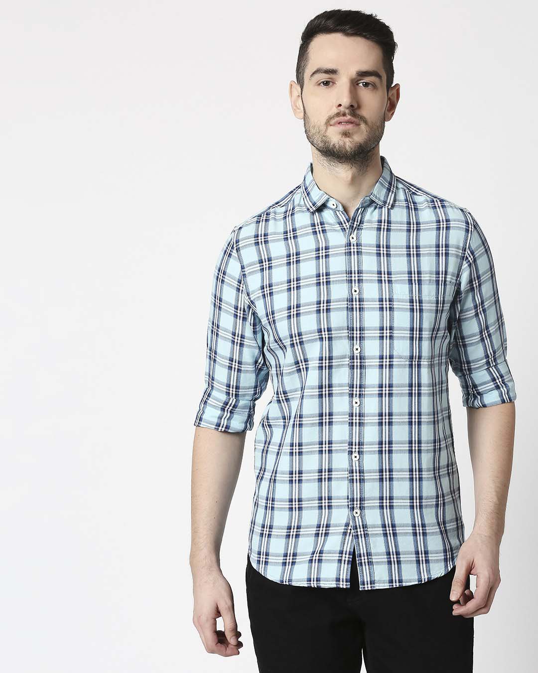 Shop Men's Arctic Blue Slim Fit Casual Check Shirt-Back