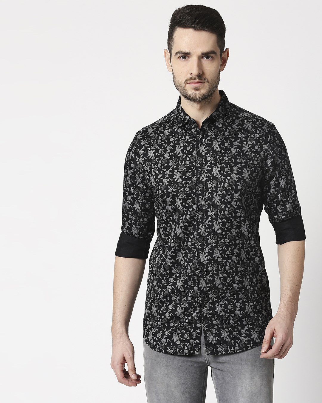 Shop Men's Black Slim Fit Casual Print Shirt-Back