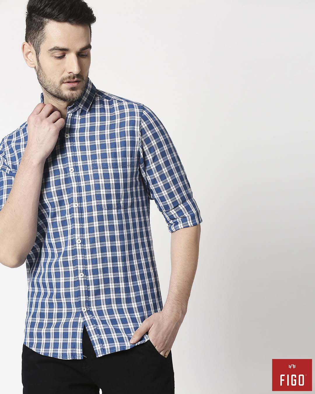 Buy Figo Men's Indigo Blue Slim Fit Casual Check Shirt Online at Bewakoof