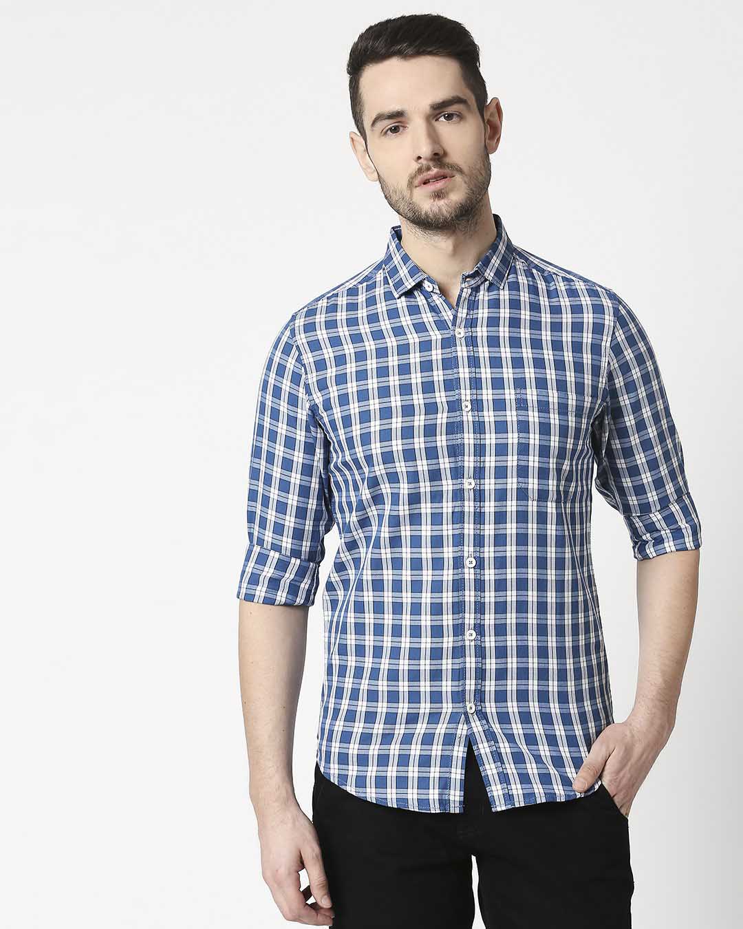 Shop Men's Indigo Blue Slim Fit Casual Check Shirt-Back