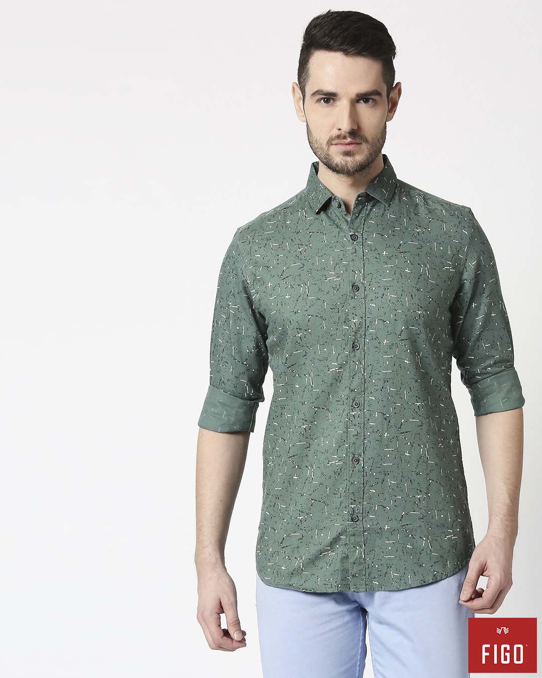 Figo Men's Jumper Green Slim Fit Casual Print Shirt