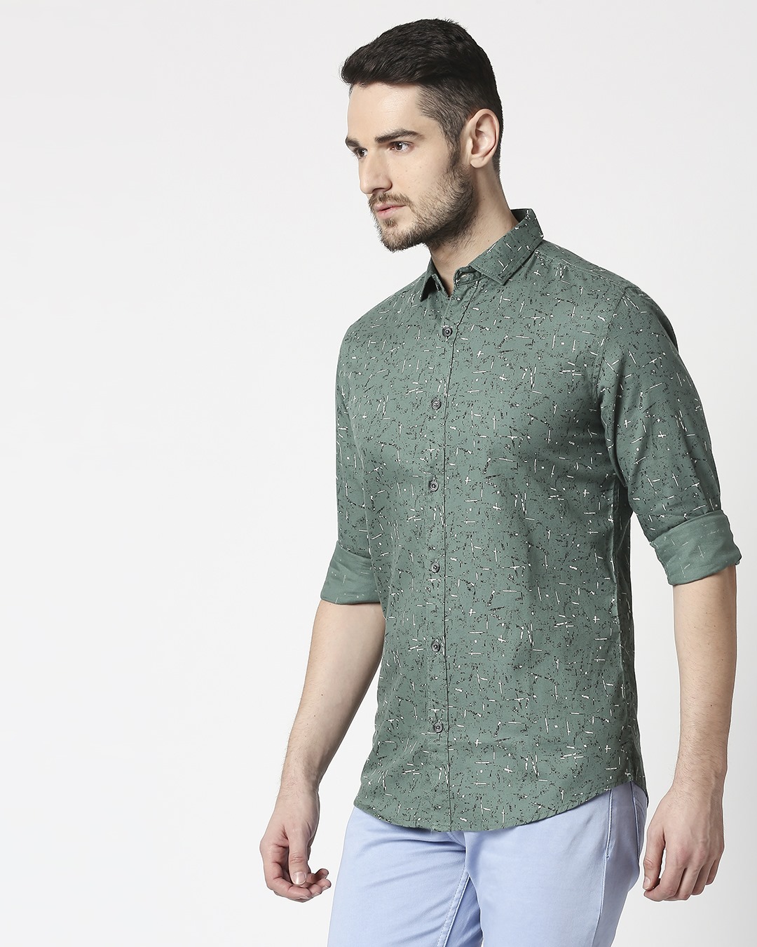 Shop Men's Jumper Green Slim Fit Casual Print Shirt-Back