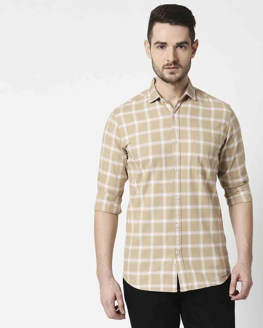 Shop Men's Khakhi Slim Fit Casual Check Shirt-Back
