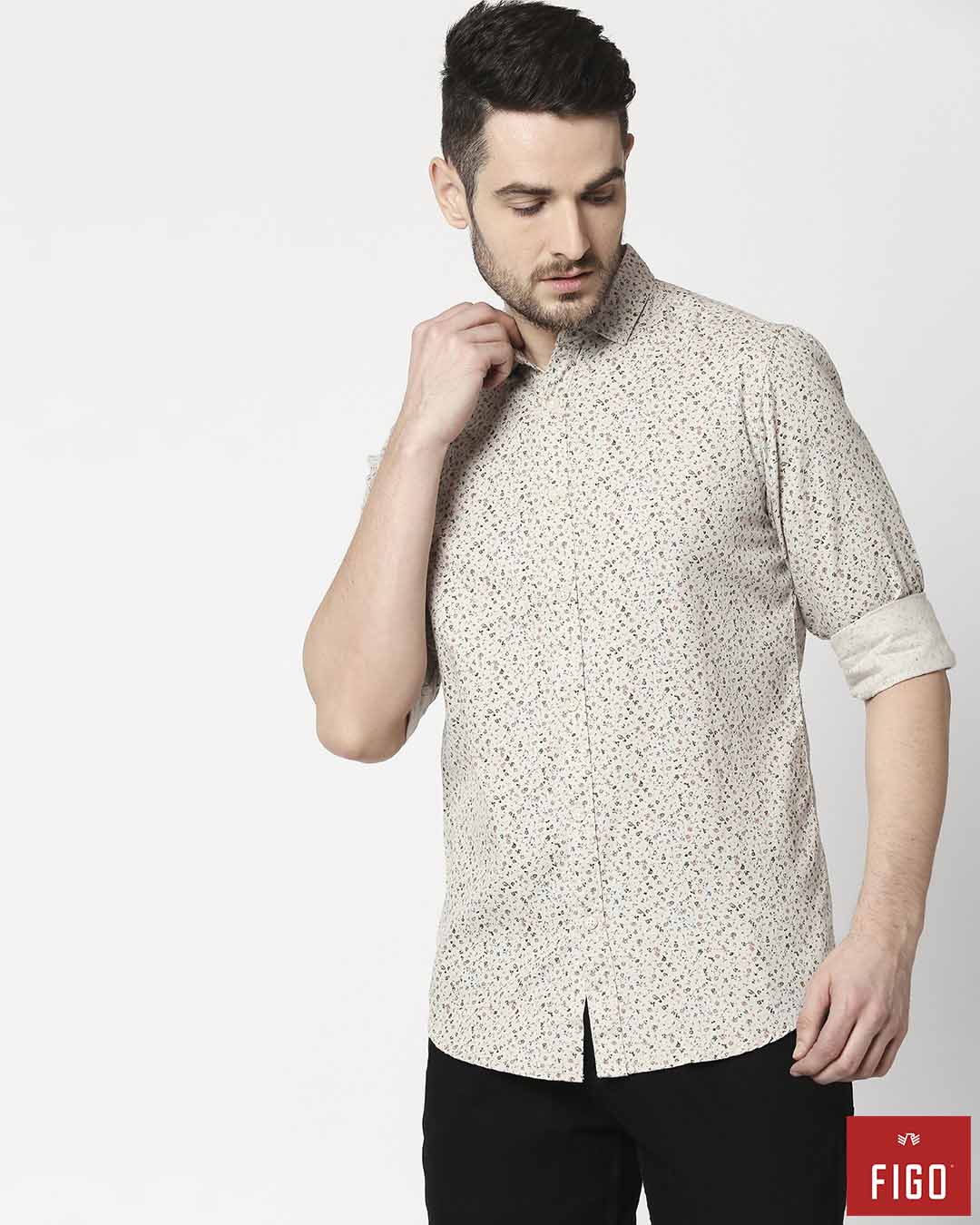 Buy Figo Men's Khakhi Slim Fit Casual Print Shirt for Men white Online ...