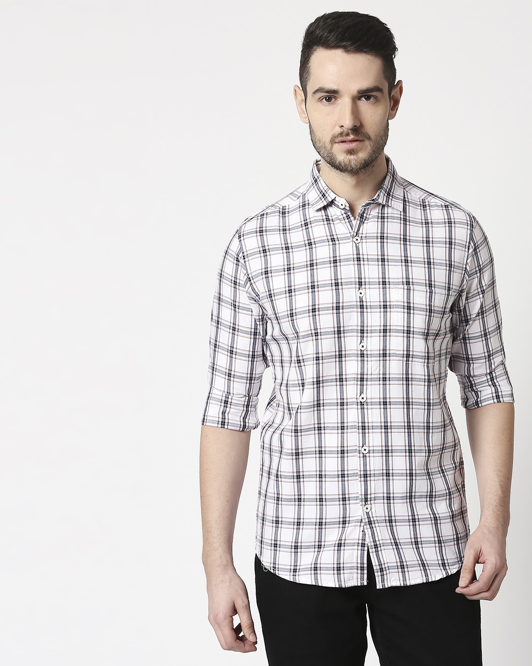 Shop Men's Navy Slim Fit Casual Check Shirt-Back