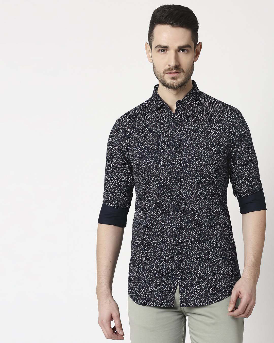 Shop Men's Navy Slim Fit Casual Print Shirt-Back