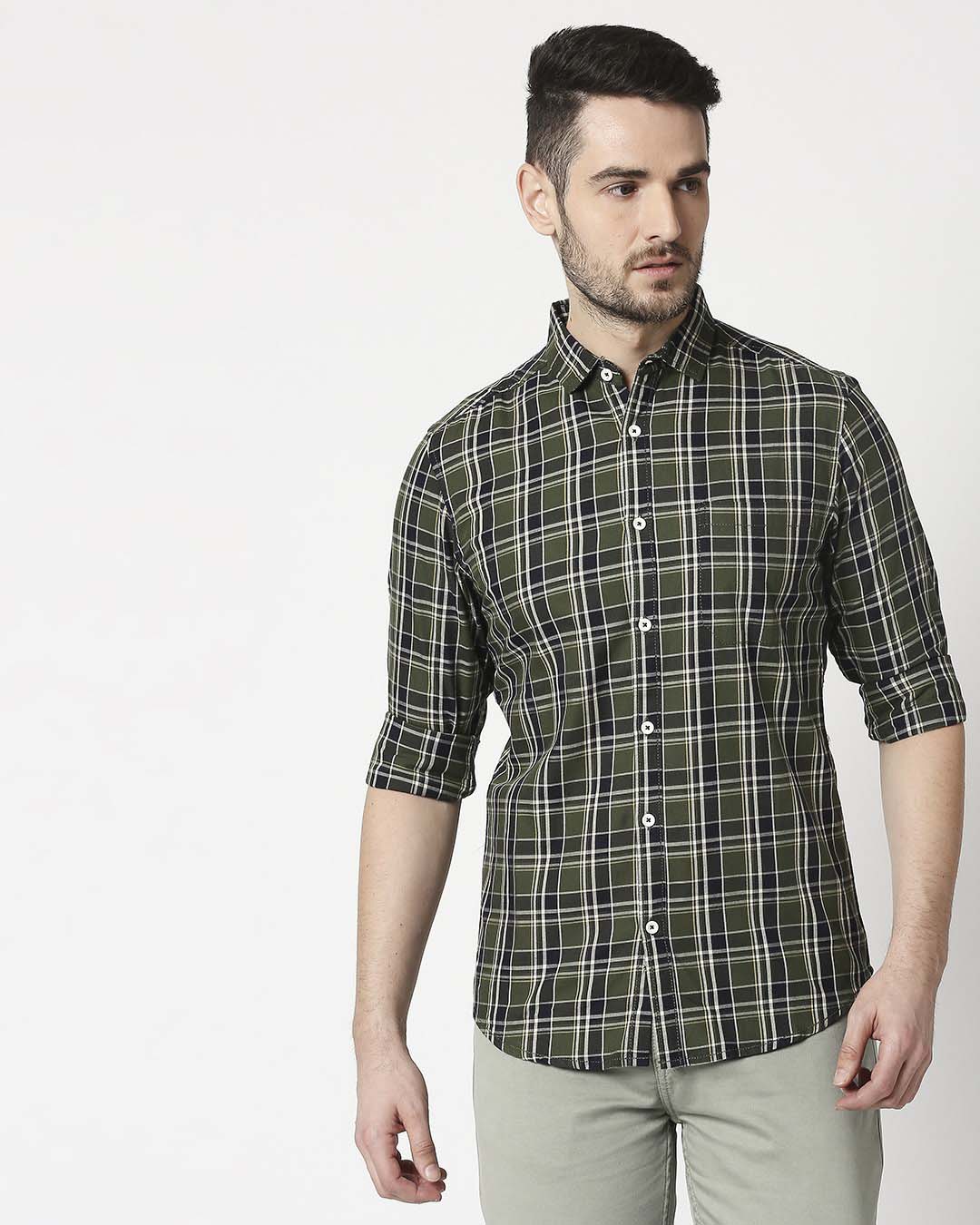 Shop Men's Olive Green Slim Fit Casual Check Shirt-Back
