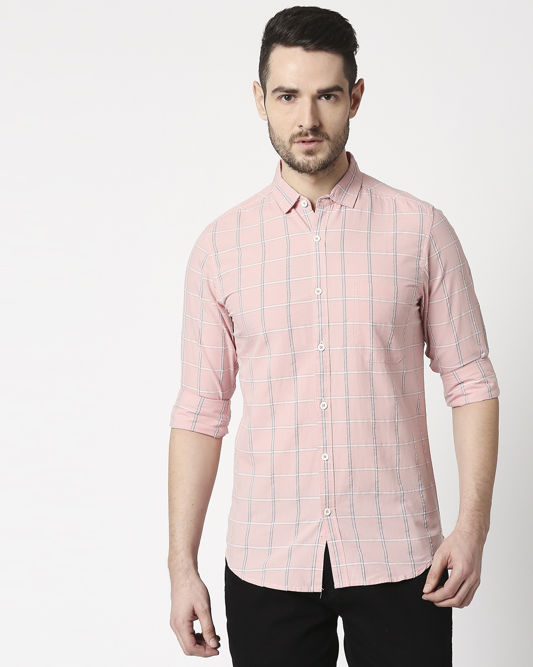 Shop Men's Pink Slim Fit Casual Check Shirt-Back