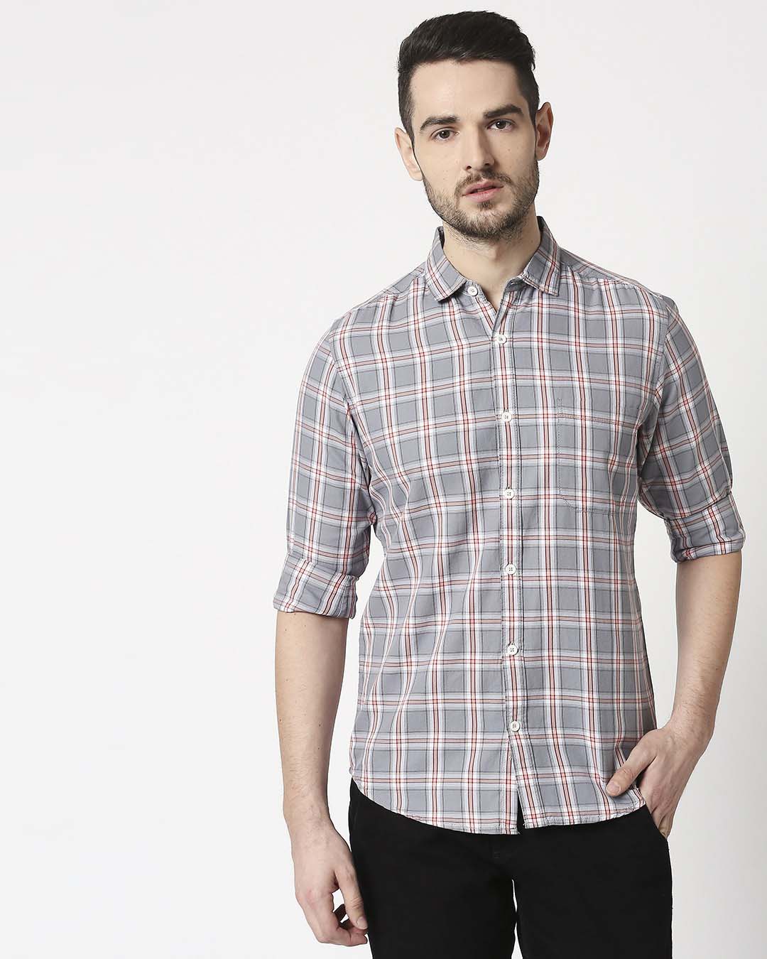 Shop Men's Slate Grey Slim Fit Casual Check Shirt-Back