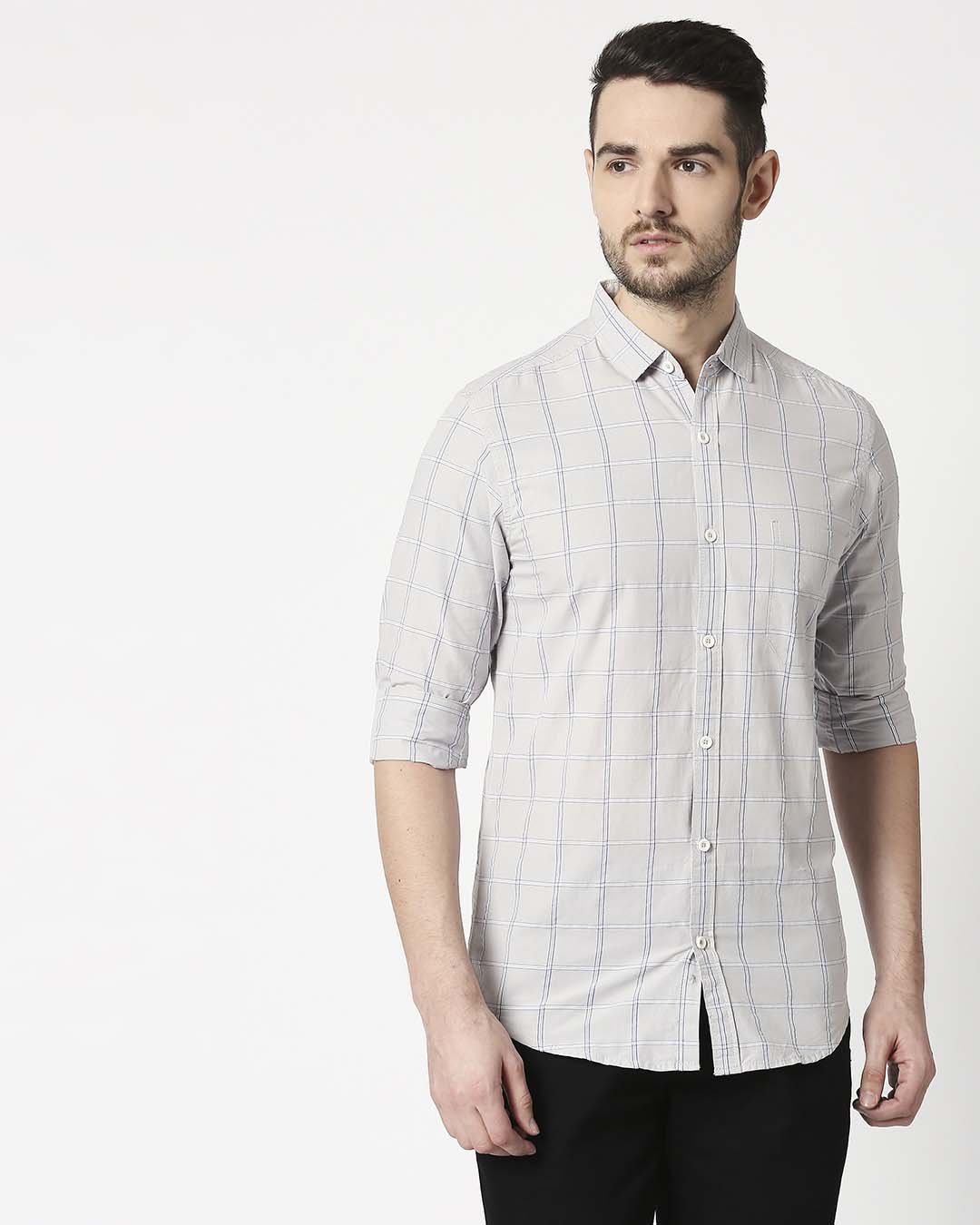 Shop Men's Stone Grey Slim Fit Casual Check Shirt-Back