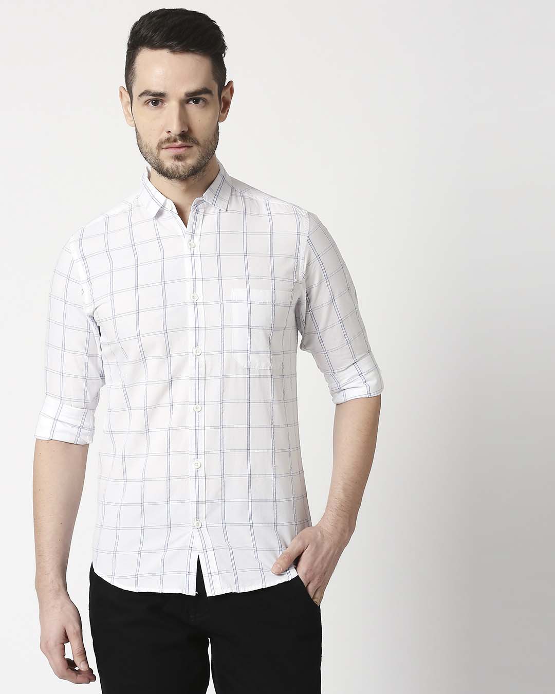Shop Men's White Slim Fit Casual Check Shirt-Back