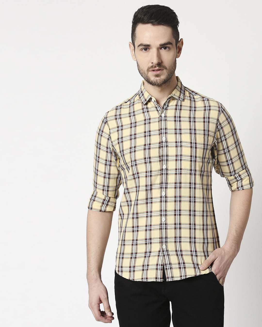 Shop Men's Yellow Slim Fit Casual Check Shirt-Back