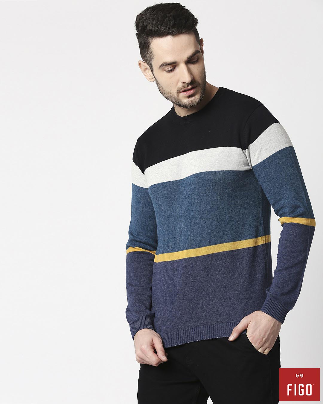 Buy Figo Navy Colour Block Sweater for Men blue Online at Bewakoof
