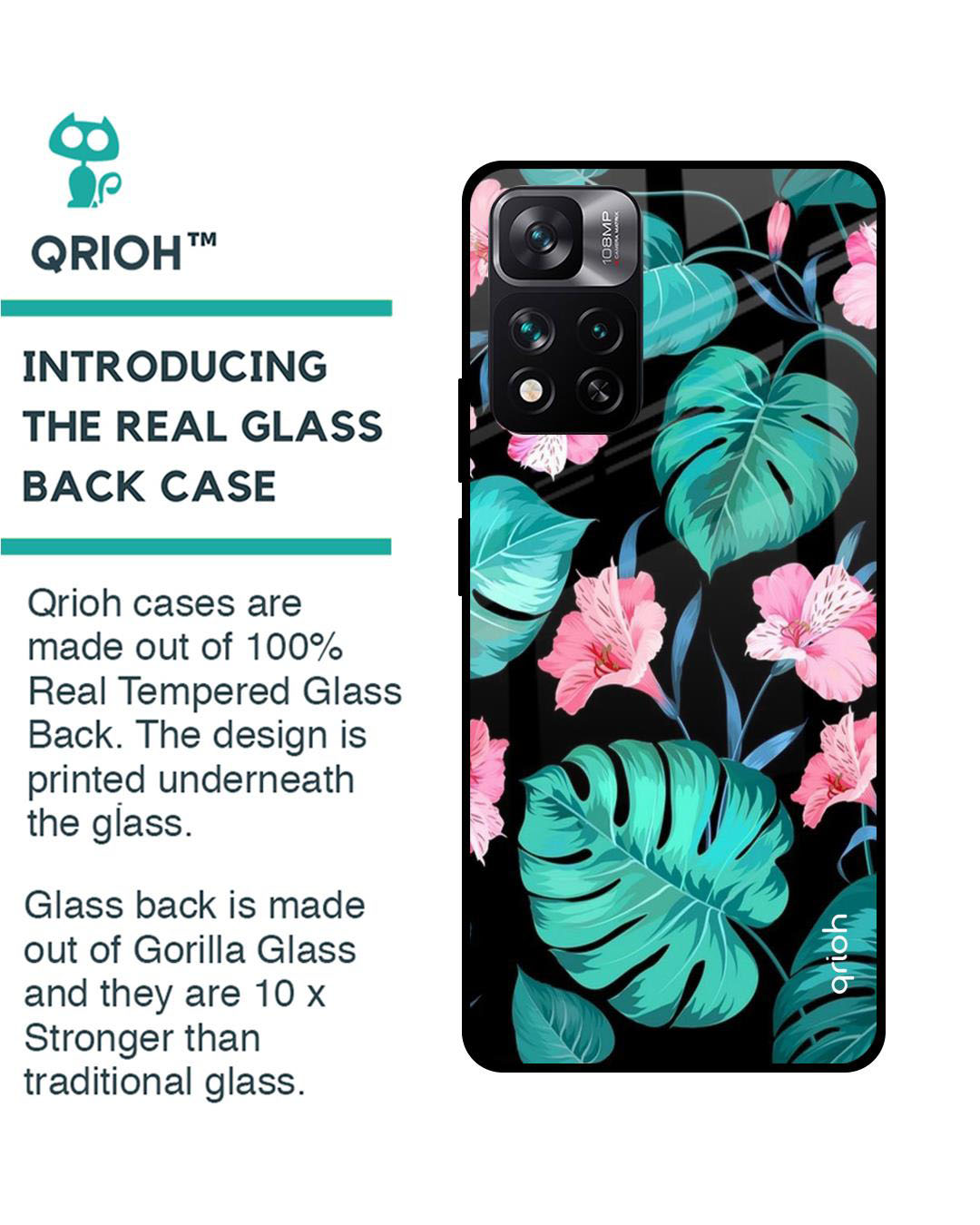 Shop Floral Printed Premium Glass Cover for Mi 11i (Shock Proof, Lightweight)-Back