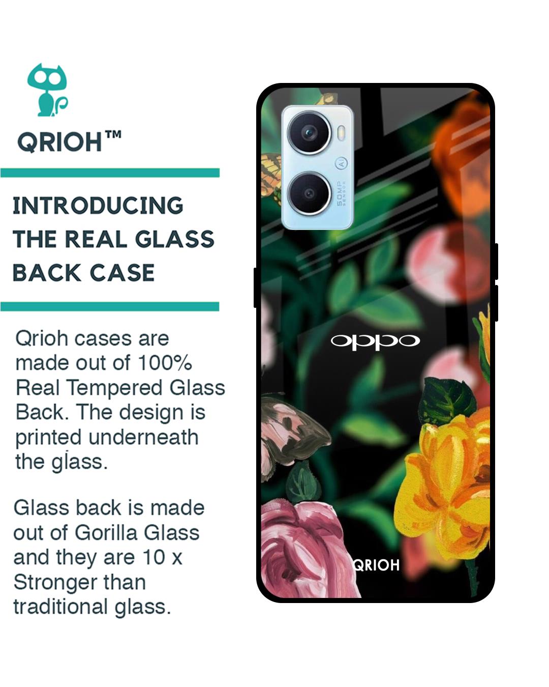Shop Floral Printed Premium Glass Cover For Oppo A96 (Impact Resistant, Matte Finish)-Back