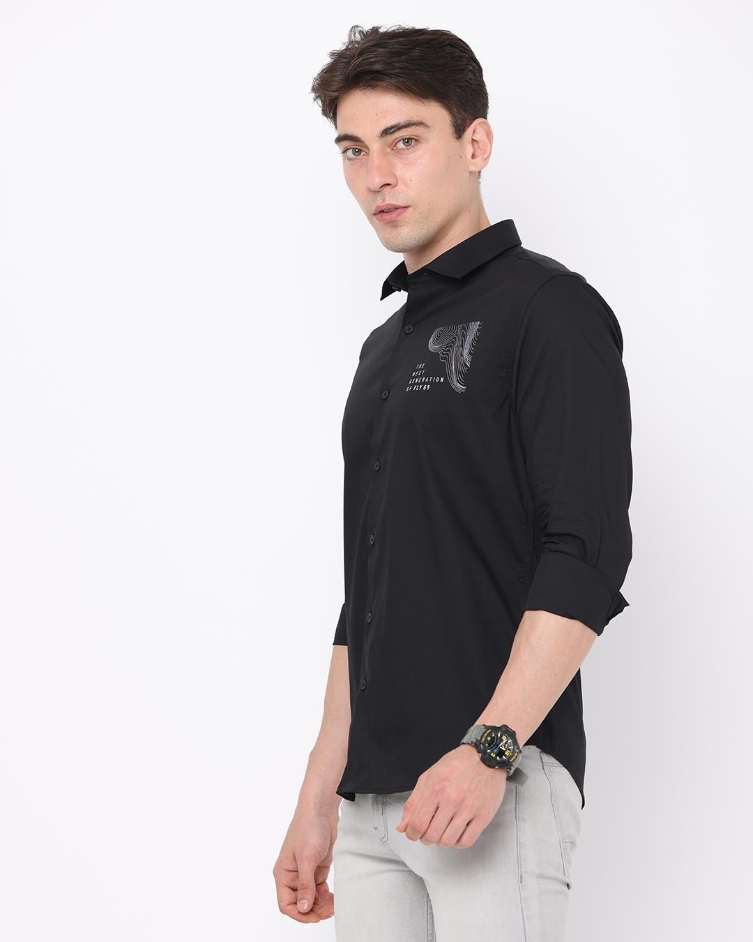 Shop Men's Black Printed Slim Fit Shirt-Back