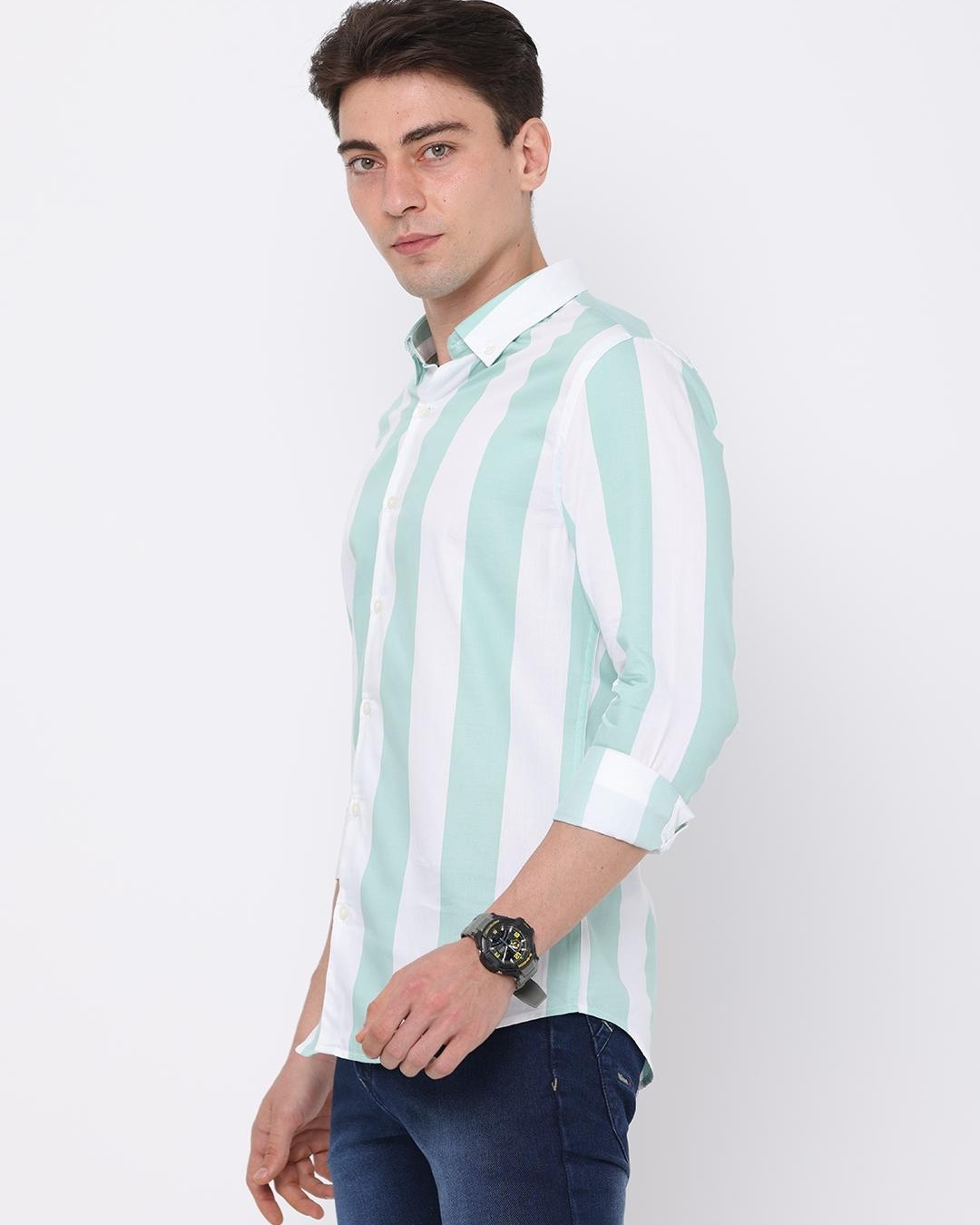 Shop Men's Green Striped Slim Fit Shirt-Back
