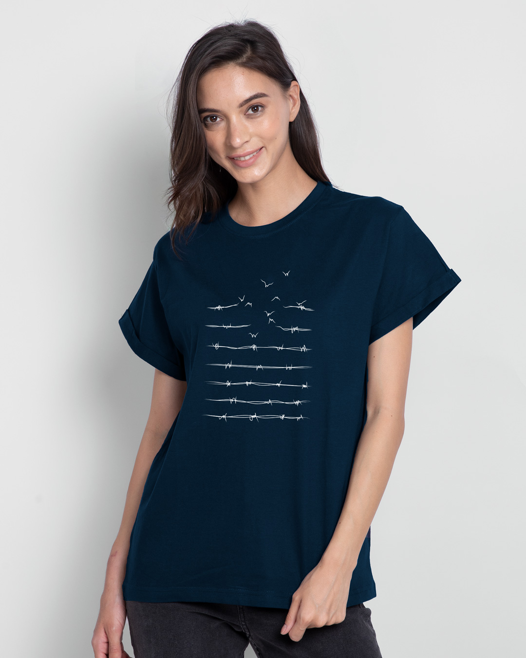 Shop Flying Wire Printed Boyfriend T-Shirt Navy Blue-Back