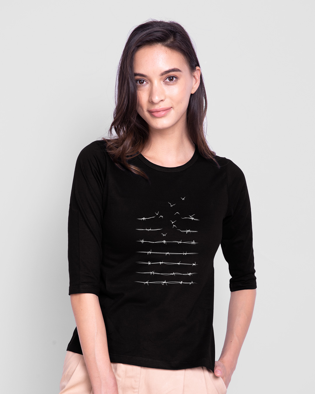 Shop Flying Wire Round Neck Sleeve T-Shirt Black-Back