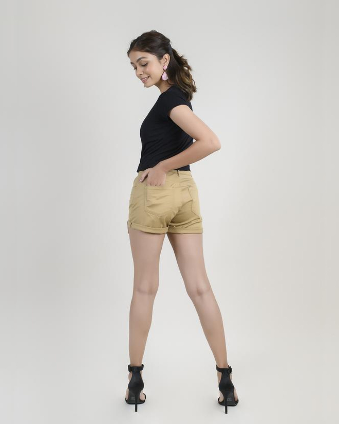 Shop Women Beige Solid Regular Fit Shorts-Back