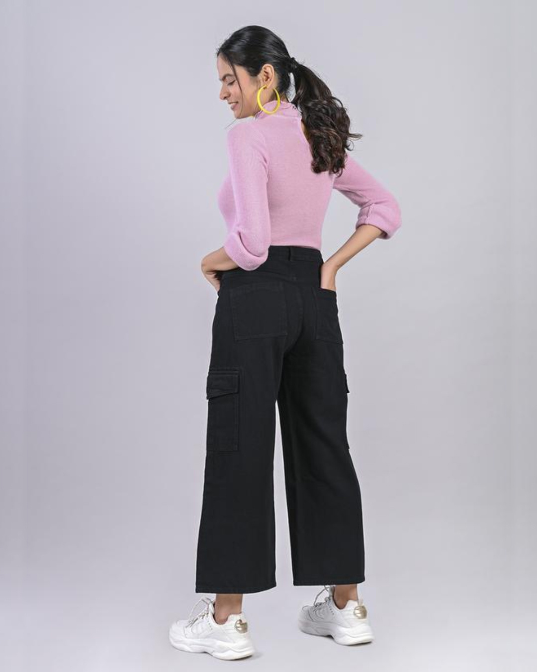 Shop Women Black Solid Wide Leg Casual Pants-Back