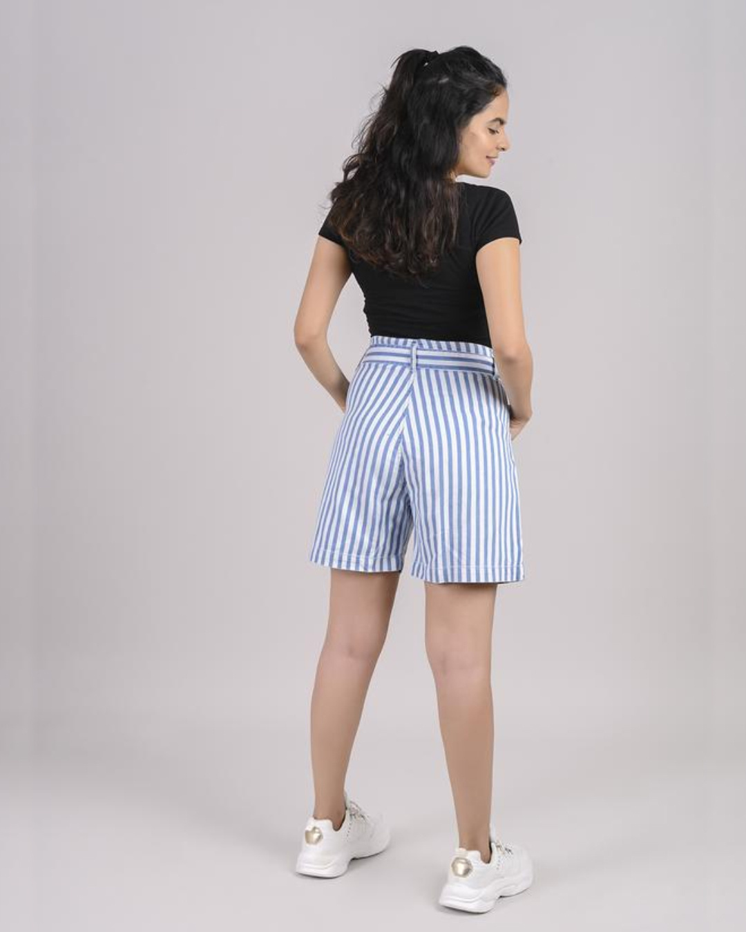 Shop Women Blue Striped Relaxed Fit Shorts-Back