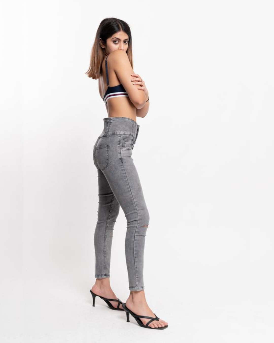 Shop Women Grey Solid Skinny Fit Jeans-Back