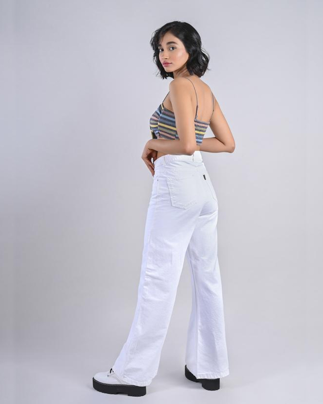 Shop Women White Solid Flared Jeans-Back