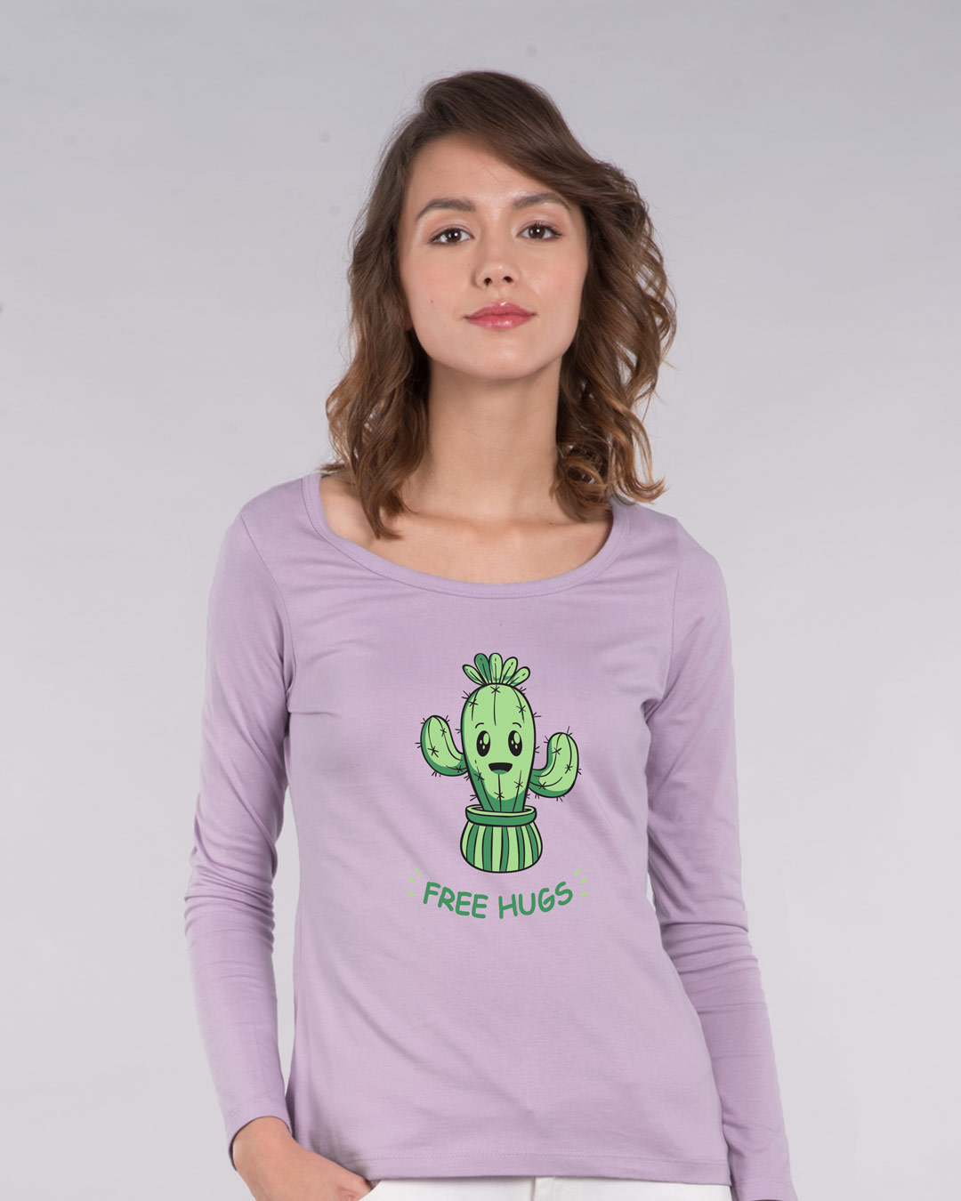 Free Hugs Cactus Scoop Neck Full Sleeve T-Shirt