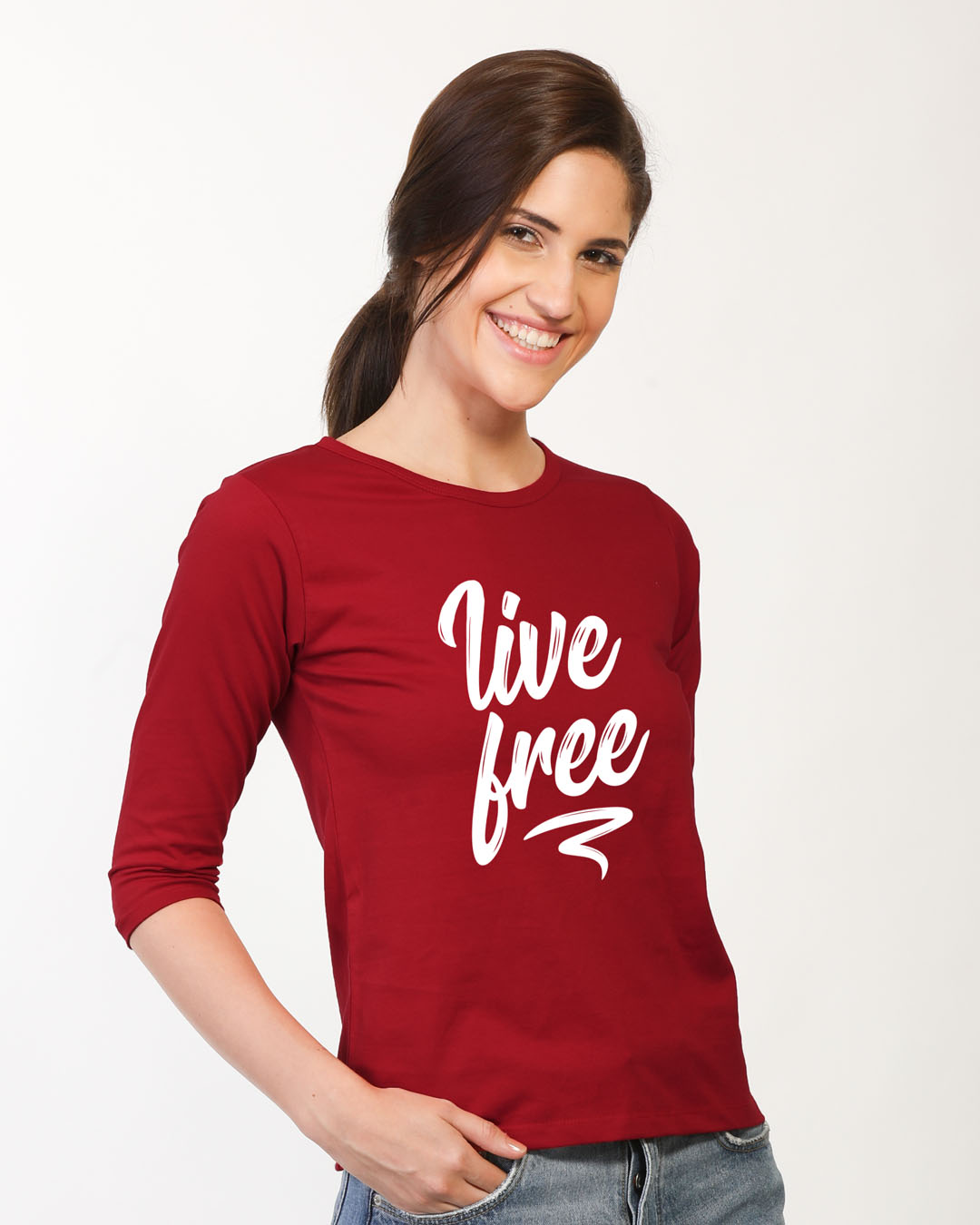 Shop Free Living Round Neck 3/4th Sleeve T-Shirt-Back