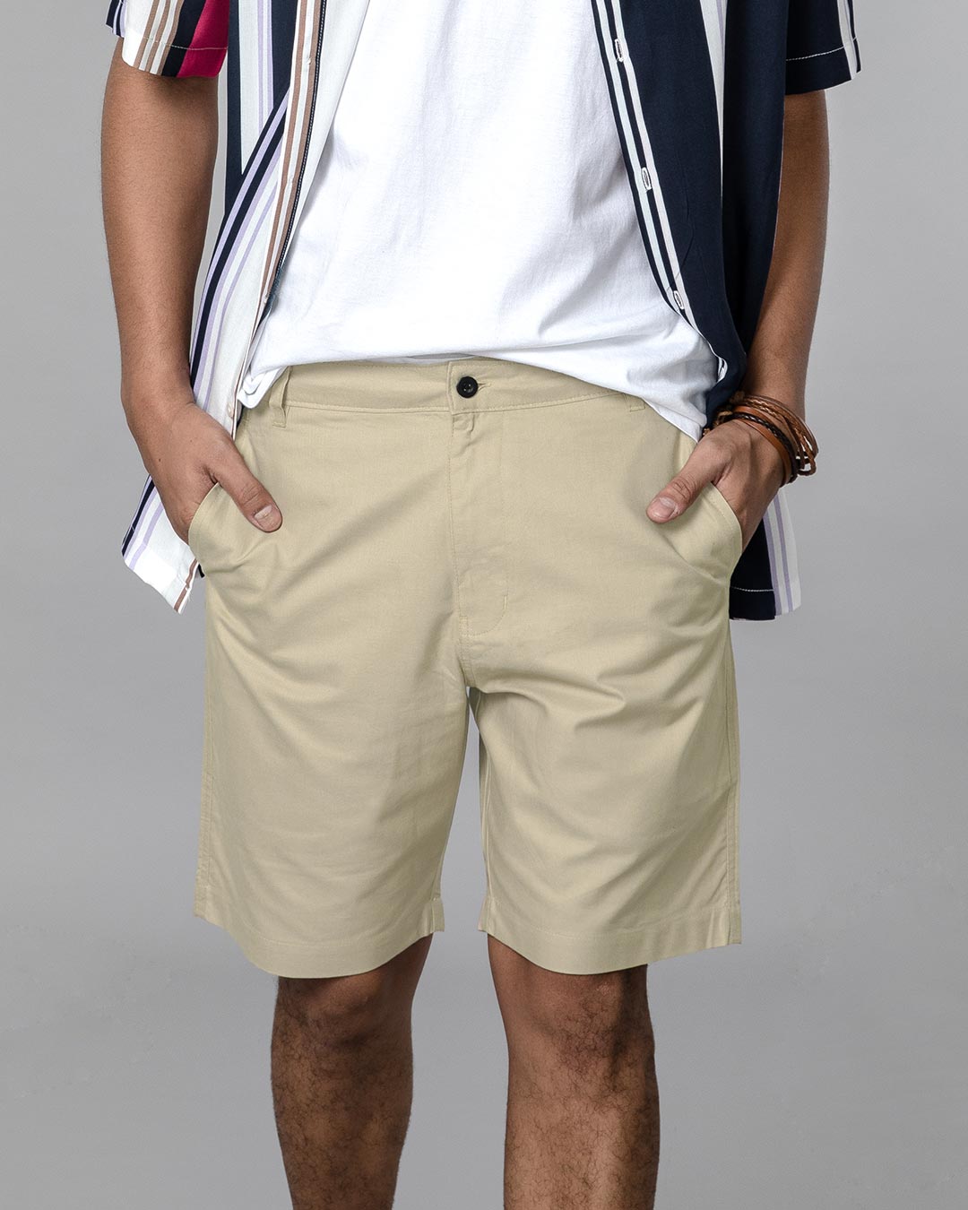 Shop French Beige Lightweight Slim Oxford Shorts-Back